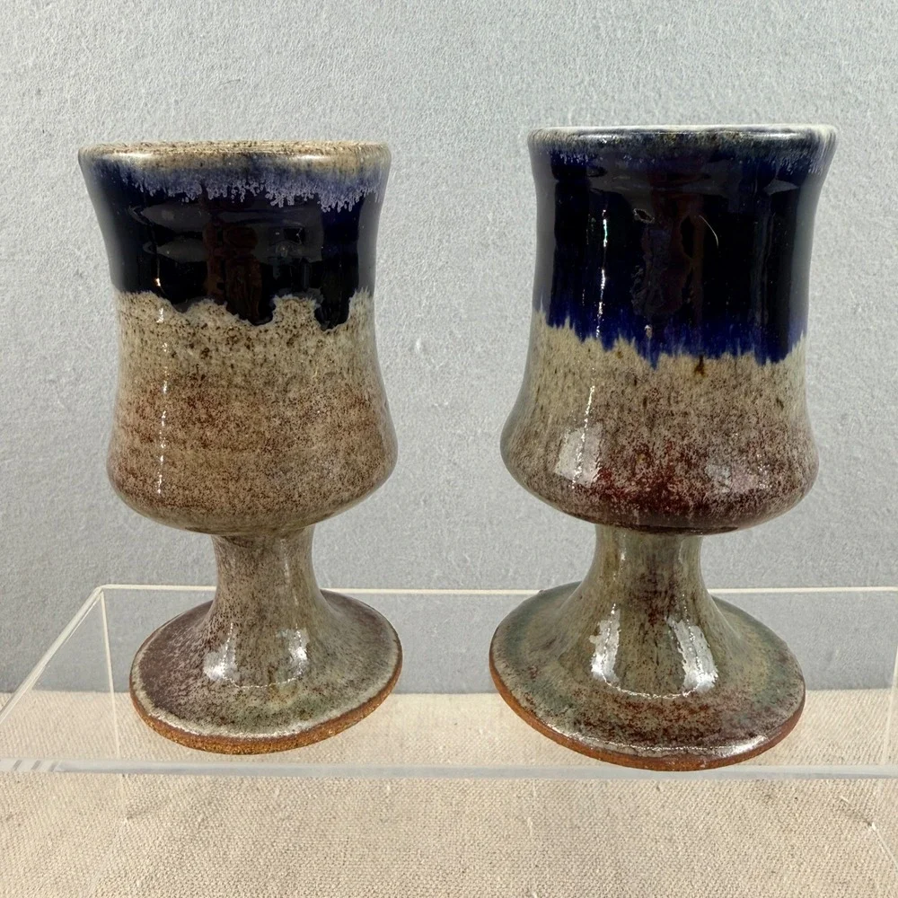 Vintage Studio Pottery Goblet Pair Cobalt Blue Drip Glaze Stoneware MCM